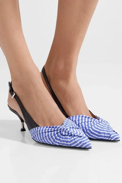 Shop Prada Bow-embellished Leather And Striped Canvas Slingback Pumps In Blue