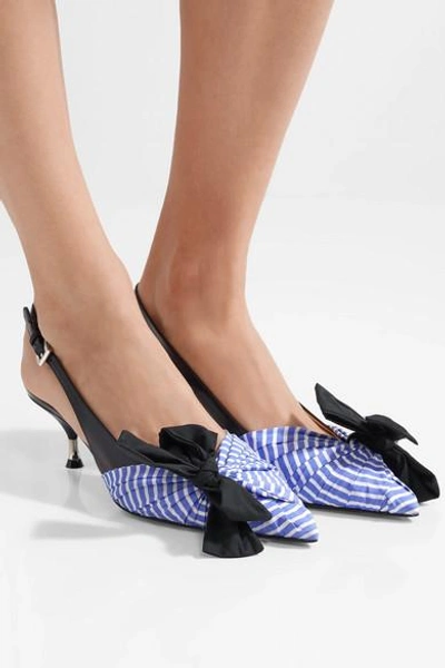 Shop Prada Bow-embellished Leather And Striped Canvas Slingback Pumps In Blue