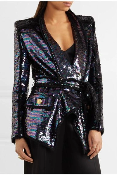 Shop Balmain Sequined Frayed Crepe Blazer