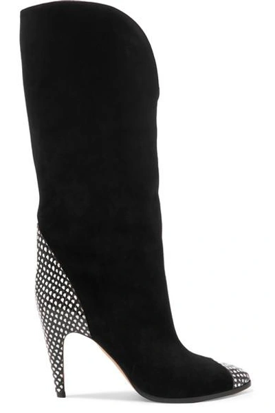 Shop Givenchy Snake-effect Leather-trimmed Suede Knee Boots In Black