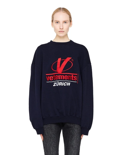 Shop Vetements Cotton Embroidered Sweatshirt In Navy Blue