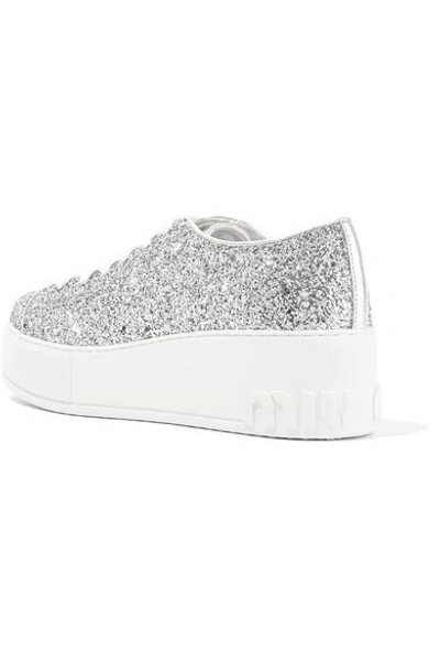 Shop Miu Miu Glittered Leather Platform Sneakers In Silver