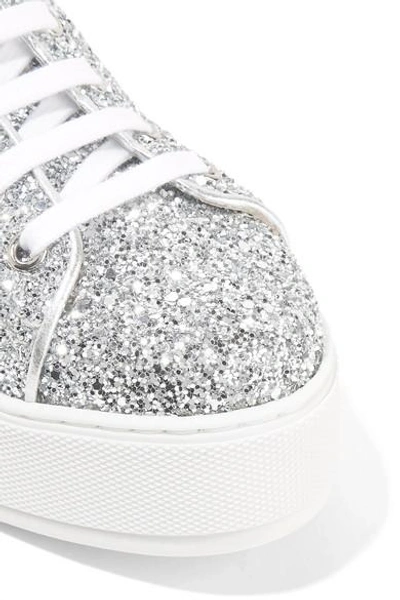 Shop Miu Miu Glittered Leather Platform Sneakers In Silver