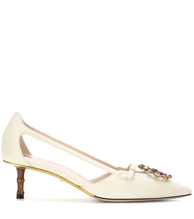 Shop Gucci Embellished Leather Pumps In White