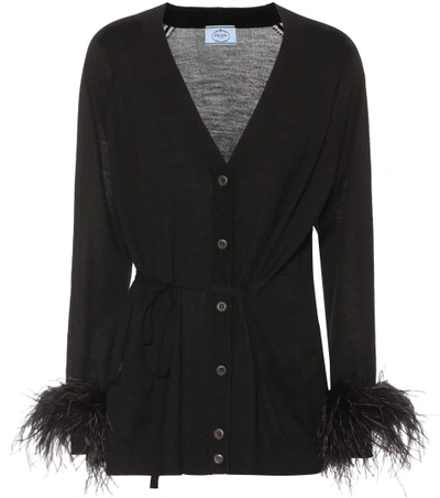 Shop Prada Feather-trimmed Wool Cardigan In Black