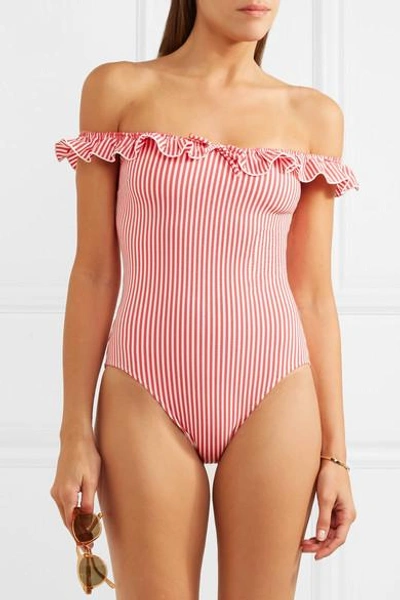 Shop Solid & Striped The Amelia Off-the-shoulder Ruffle-trimmed Seersucker Swimsuit In Red