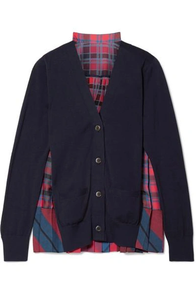 Shop Sacai Cotton And Pleated Checked Satin Cardigan In Midnight Blue