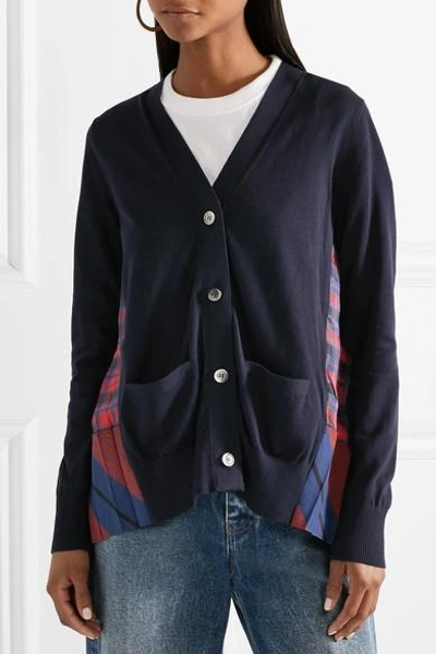 Shop Sacai Cotton And Pleated Checked Satin Cardigan In Midnight Blue