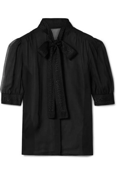Shop Dolce & Gabbana Lace-trimmed Silk-blend Georgette Blouse In Black