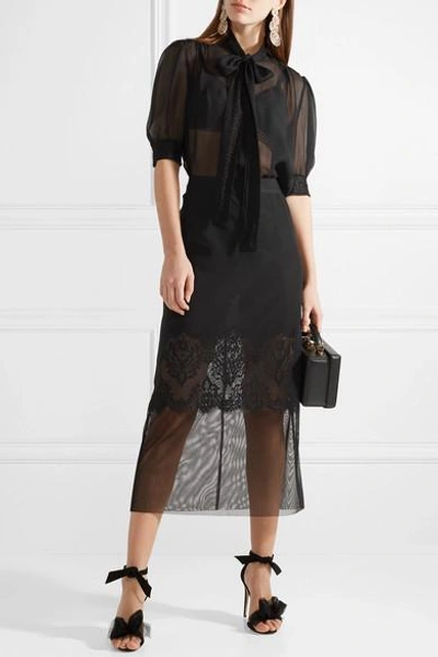 Shop Dolce & Gabbana Lace-trimmed Silk-blend Georgette Blouse In Black