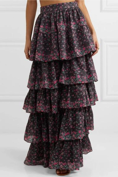 Shop Loveshackfancy Carmen Tiered Floral-print Cotton Maxi Skirt In Black