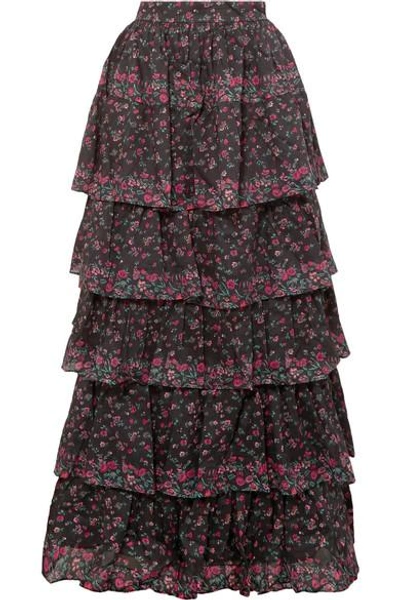 Shop Loveshackfancy Carmen Tiered Floral-print Cotton Maxi Skirt In Black