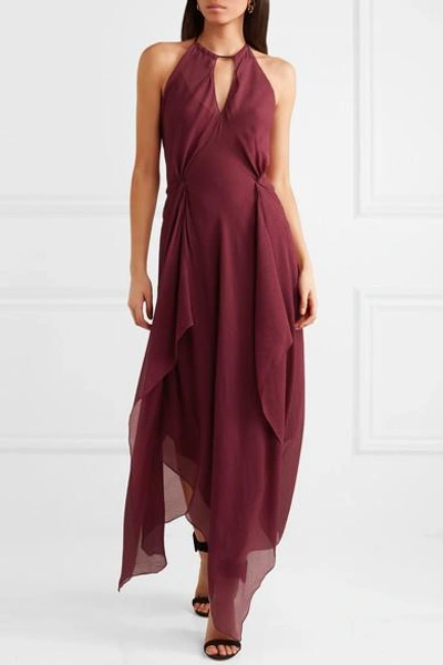 Shop Roland Mouret Risby Cutout Hammered Silk-chiffon Gown In Burgundy