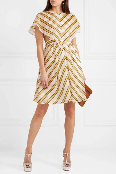 Shop Fendi Cape-effect Cutout Striped Silk-blend Organza Mini Dress In Yellow