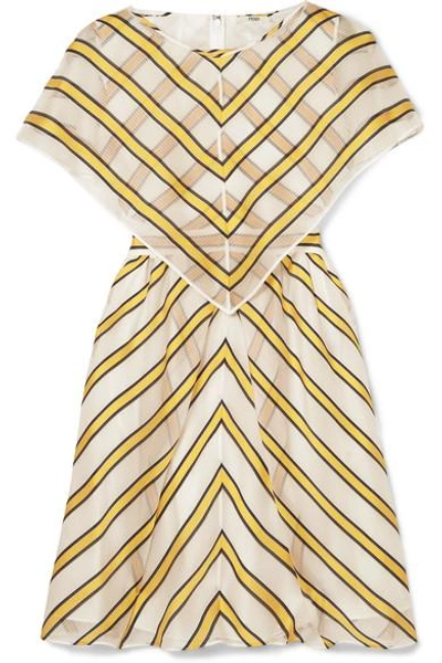 Shop Fendi Cape-effect Cutout Striped Silk-blend Organza Mini Dress In Yellow