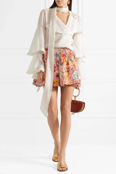 Shop Valentino Skirt-effect Floral-print Wool And Silk-blend Shorts In Pink