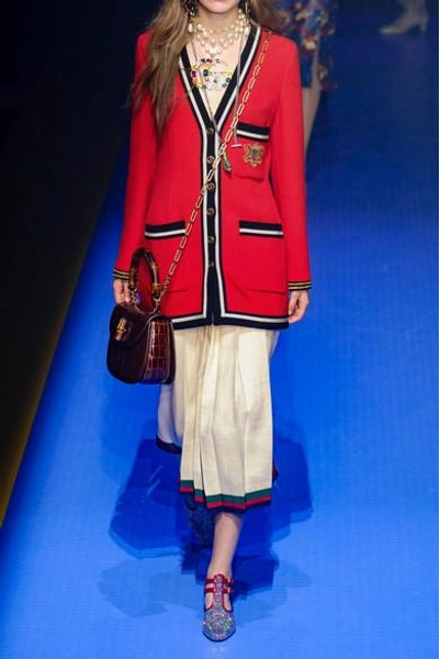 Shop Gucci Appliquéd Grosgrain-trimmed Wool-crepe Jacket In Red