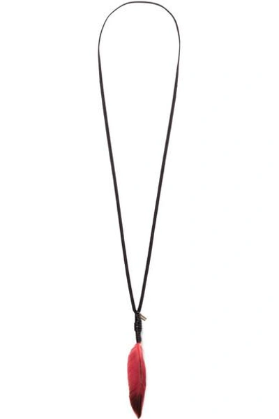Shop Ann Demeulemeester Cotton-canvas, Leather And Feather Necklace In Red