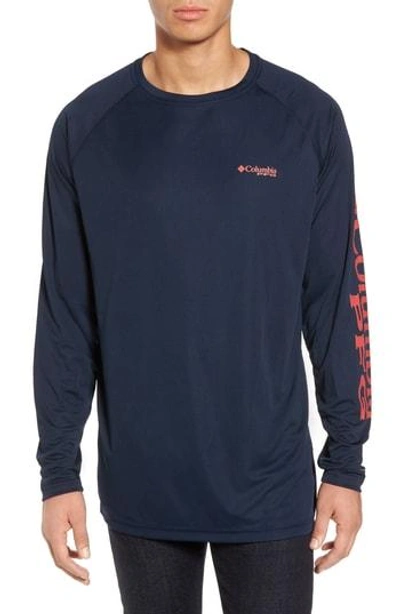 Shop Columbia Pfg Terminal Tackle Performance T-shirt In Collegiate Navy/ Sunset Red