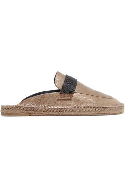 Shop Brunello Cucinelli Chain-embellished Metallic Leather Espadrille Slippers In Gold