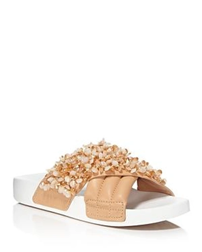 Shop Tory Burch Women's Logan Embellished & Quilted Leather Pool Slide Sandals In Natural