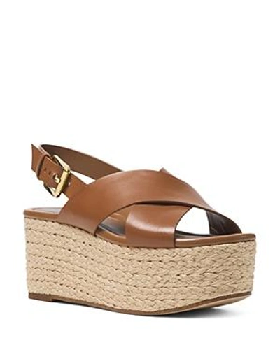 Shop Michael Michael Kors Jodi Leather Platform Wedge Espadrille Sandals In Luggage