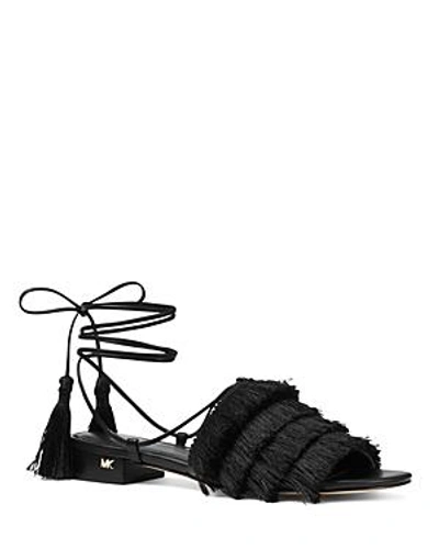 Shop Michael Michael Kors Women's Gallagher Fringed Ankle Tie Sandals In Black