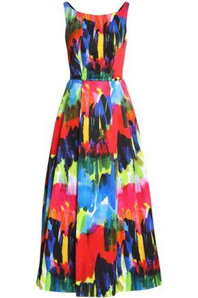 Shop Milly Serena Open-back Printed Cotton-blend Twill Midi Dress In Multicolor
