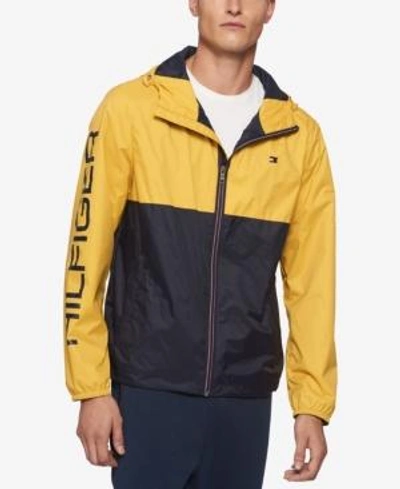 Shop Tommy Hilfiger Men's Big & Tall Colorblocked Logo-print Raincoat In Yellow/navy