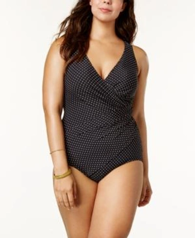 Shop Miraclesuit Plus Size Oceanus Allover-slimming Tummy-control Dot-print One-piece Swimsuit Women's Swimsuit In Black/white