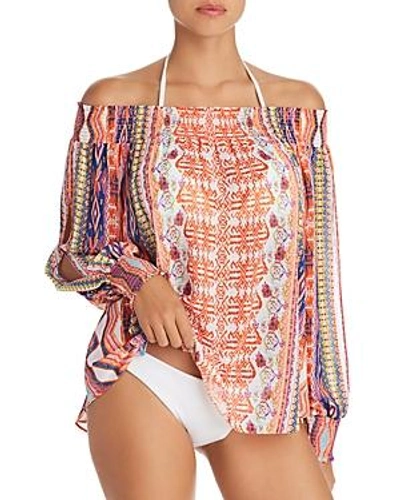Shop Ramy Brook Augustine Printed Off-the-shoulder Swim Cover-up In Santorini