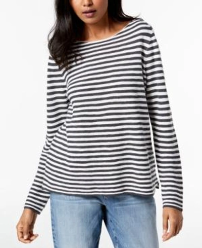 Shop Eileen Fisher Organic Linen Striped Boat-neck Sweater In Graphite/white