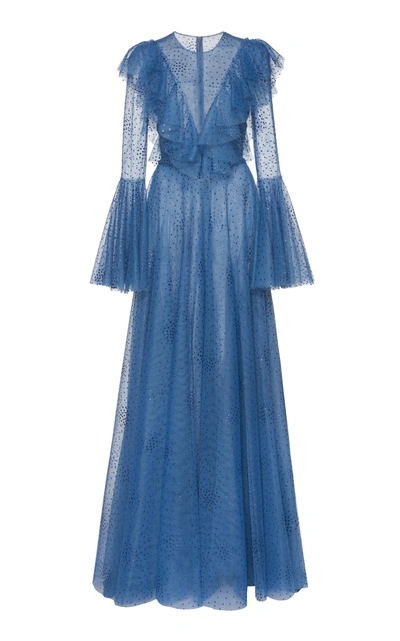 Shop Costarellos Ruffled Dot Tulle Gown In Blue