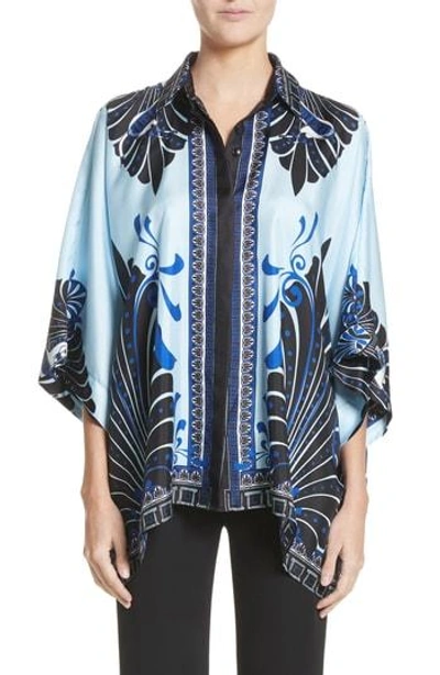 Shop Versace Eros Wide Sleeve Silk Shirt In Light Blue/ Print