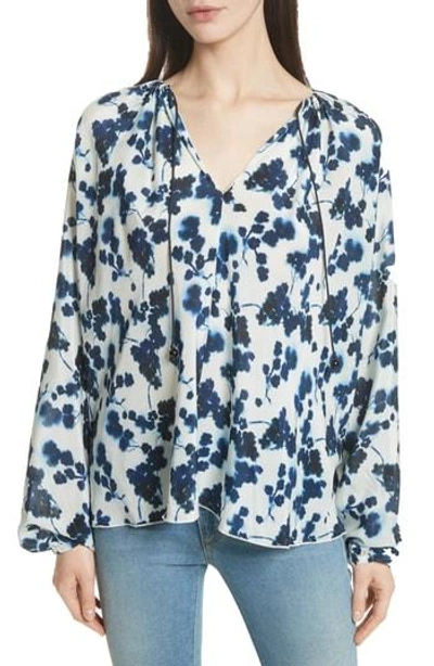 Shop Elizabeth And James Lucia P. Floral Print Silk Top In Navy/ White