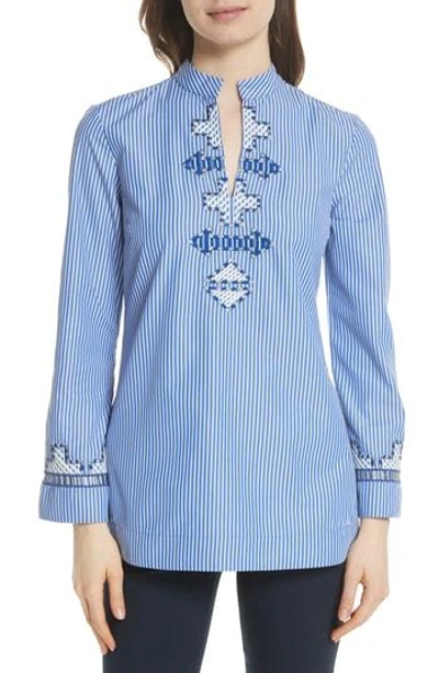 Shop Tory Burch Tory Embroidered Stripe Tunic In Blue/ White