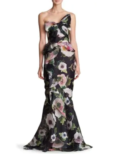 Shop Marchesa Strapless Bow Floral Silk Gown In Black