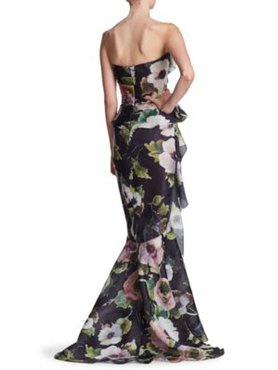 Shop Marchesa Strapless Bow Floral Silk Gown In Black