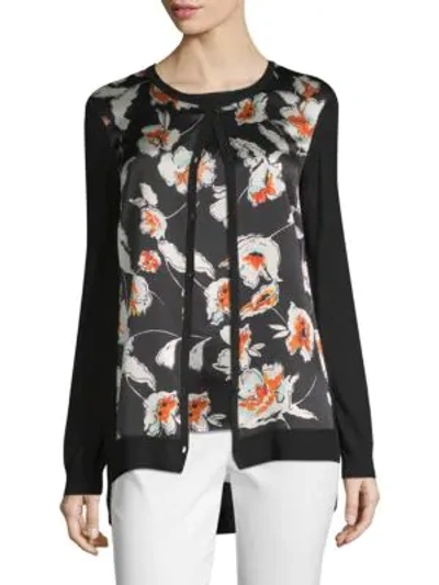 Shop St John Floral-print Jersey Cardigan In Caviar Multi