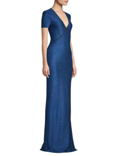 Shop St John Luster Sequin-knit Gown In Blue