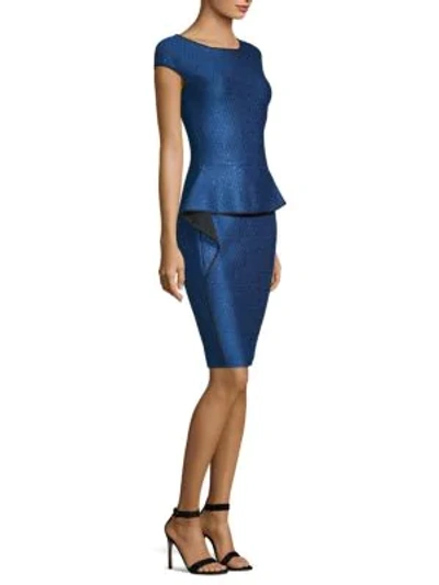 Shop St John Luster Sequin-knit Peplum Sheath Dress In Blue