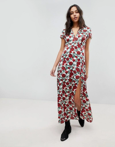 Shop Wyldr Rose Printed Maxi Dress With Capped Sleeves And Deep V Neckline - Multi