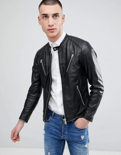 Replay Leather Biker Jacket With Zip Detail - Black | ModeSens