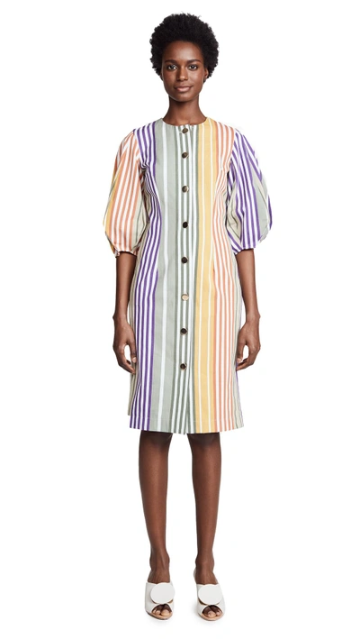 Shop Tata Naka Button Down Dress With Puff Sleeves In Multi Stripe