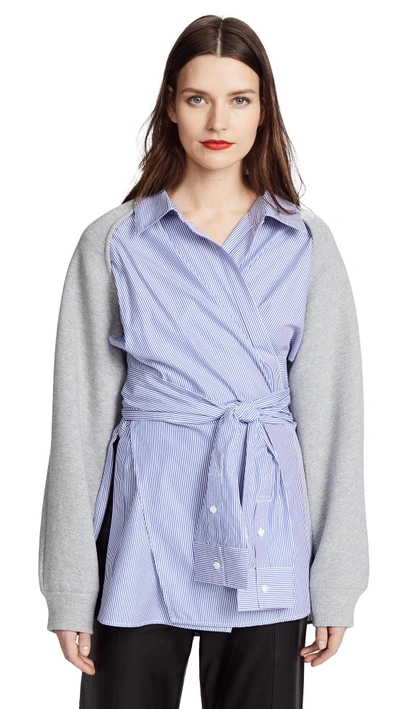 Shop Alexander Wang T Dense Fleece With Poplin Combo Wrap Shirt In Grey/stripe Combo