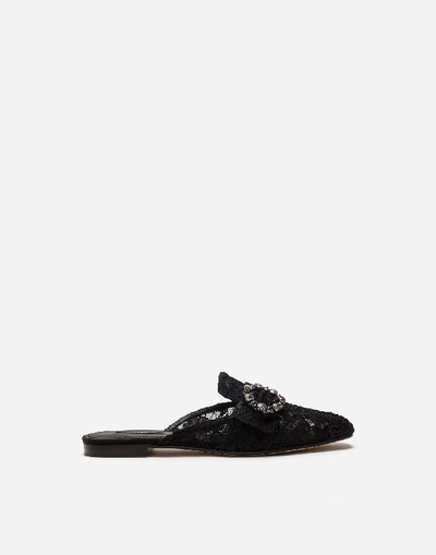 Shop Dolce & Gabbana Lace Slippers With Jewel Buckle In Black