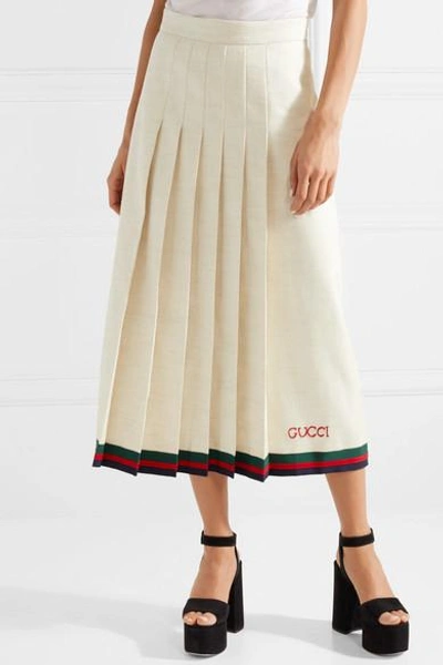 Shop Gucci Pleated Embroidered Linen And Silk-blend Midi Skirt