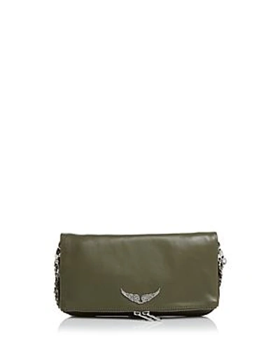 Shop Zadig & Voltaire Rock Leather Crossbody Clutch In Khaki Green/silver