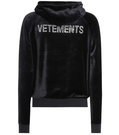 Shop Vetements Rhinestone Logo Velvet Hoodie In Black