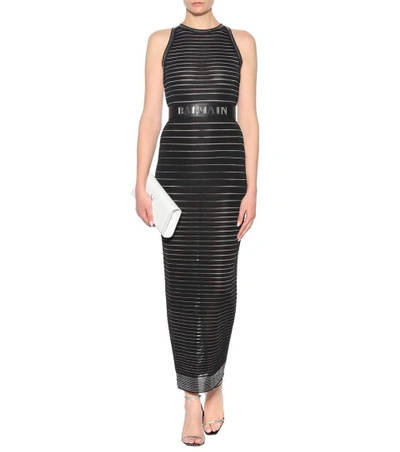 Shop Balmain Metallic Striped Knit Maxi Dress In Black